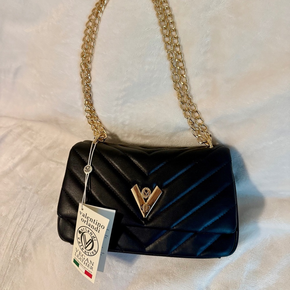 NWT Valentino Orlandi black quilted vegan leather shoulder bag with gold-tone - Picture 6 of 6